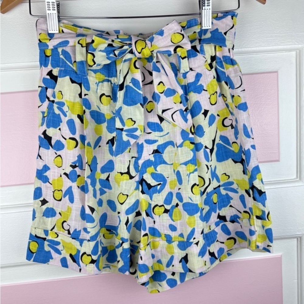 NWOT Zara Floral High Waisted Belted Linen Paper Bag‎ Shorts Blue Size Small